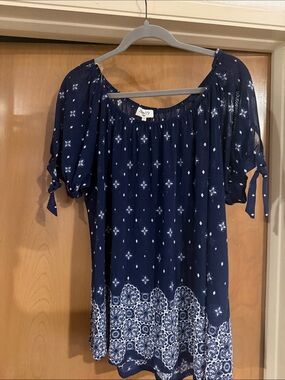 Pink Lily Navy Blue Printed Off-Shoulder Tunic